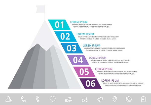 Modello infografico vettoriale con piramide e montagna e sei etichette. Concetto geometrico aziendale con 6 opzioni. Utilizzato come timeline, flusso di lavoro, presentazione, diagramma, volantini, banner, grafico
 - Vettoriali, immagini