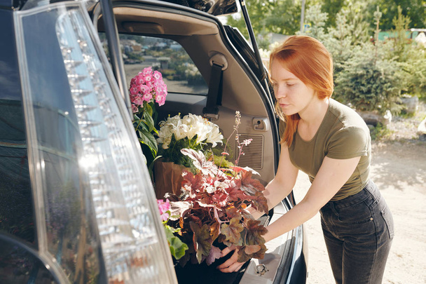 Σοβαρή ελκυστική κοκκινομάλλα ανθοπώλης σε άνετα ρούχα βάζοντας λουλούδια στο κορμό του αυτοκινήτου, ενώ αγοράζοντας φυτά στην αγορά - Φωτογραφία, εικόνα