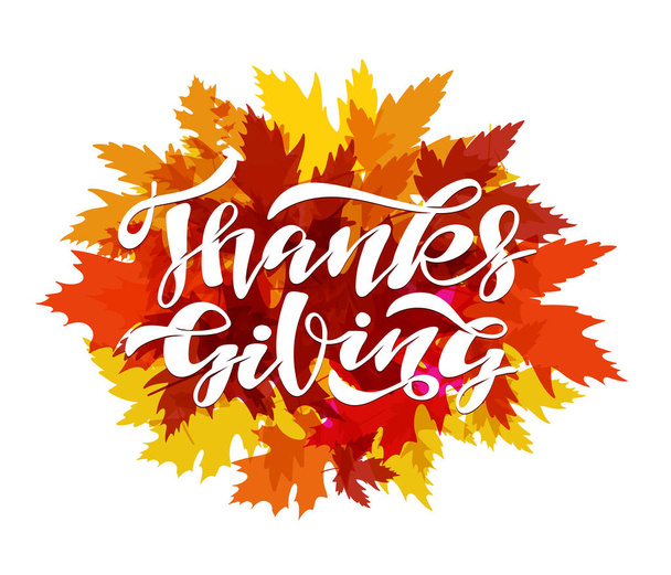 El çizilmiş Şükran Günü tipografisi posteri. Kutlama alıntı "Happy Thanksgiving" kartpostal, sonbahar simgesi, logo veya rozet için dokulu arka plan üzerinde. Merhaba, Sonbahar - vektör vintage tarzı kaligrafi - Vektör, Görsel