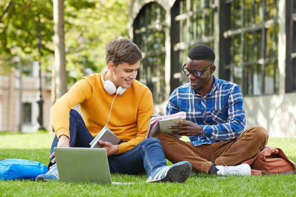 Portrét dvou vysokoškolských studentů studujících venku na zelené trávě v areálu, kopírovací prostor - Fotografie, Obrázek