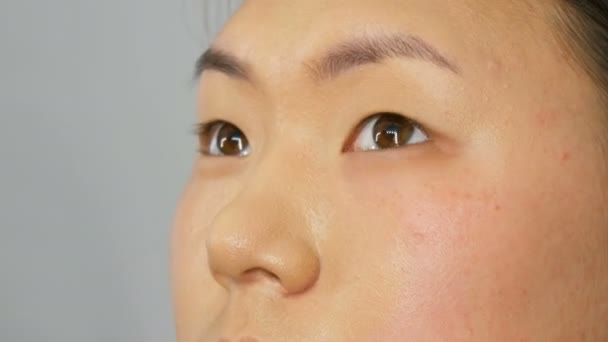 Artista de maquillaje profesional aplica corrector de fundación o resaltador a la cara de modelos coreanos asiáticos con cepillo especial
 - Imágenes, Vídeo