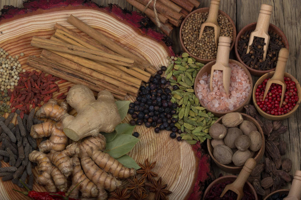 different spices on background, close up - Foto, immagini
