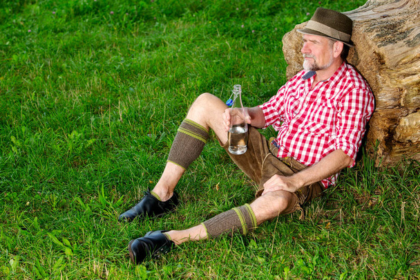 handsome bavarian man sitting outdoors at tree stump and drinkin - 写真・画像