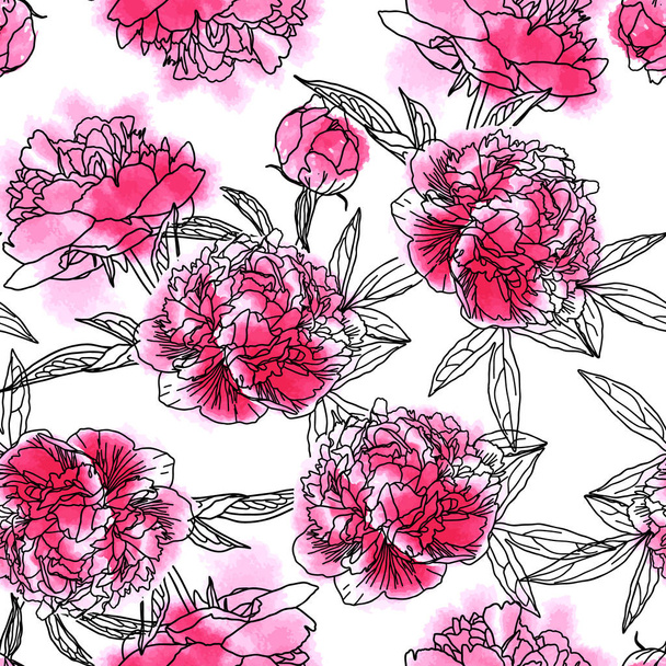 Seamless pattern with watercolor peonies isolated on white. - Vetor, Imagem