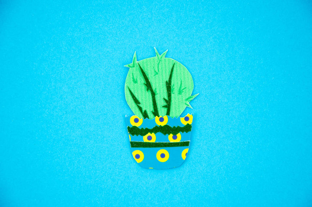 Flat lay paper craft cactus on a blue background - Photo, Image
