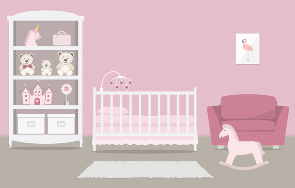 Pojan huone vastasyntyneelle vauvalle. Sisätilojen makuuhuone tyttö vaaleanpunainen väri. Kuvassa on pinnasänky, vaatekaappi, jossa on leluja, nojatuoli, keinuhevonen ja muita asioita. Vektoriesimerkki
 - Vektori, kuva
