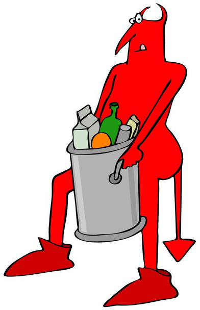 Illustration eines roten Teufels, der einen schweren Mülleimer voller Müll trägt. - Foto, Bild