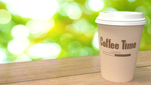 coffee cup on wood table bokeh background  3d rendering - Photo, image