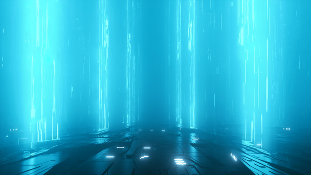 Fütüristik şehir teknoloji yüzeyi ve dikey veri akısı mavi neon ışık ile Sci-fi sahnenin 3d render. - Fotoğraf, Görsel