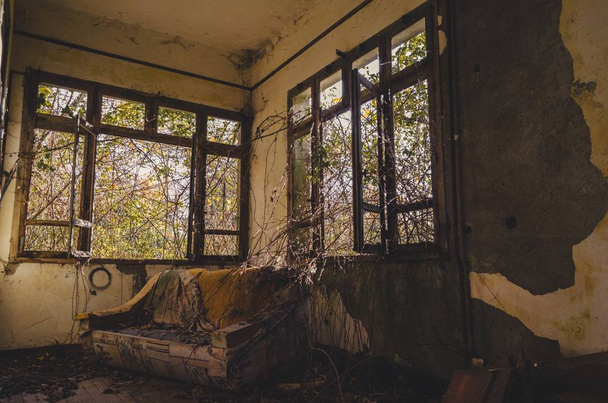 Starý gauč uvnitř domu se zrezivělými zdmi a rozbitými okny - Fotografie, Obrázek