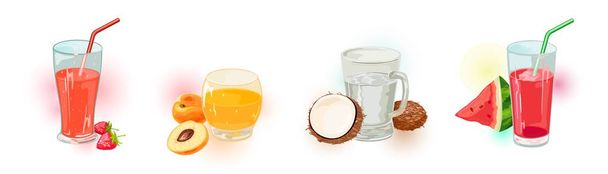 Vektor s čerstvou jahodovou, broskev, kokos, meloun v brýlích s Brami. - Vektor, obrázek
