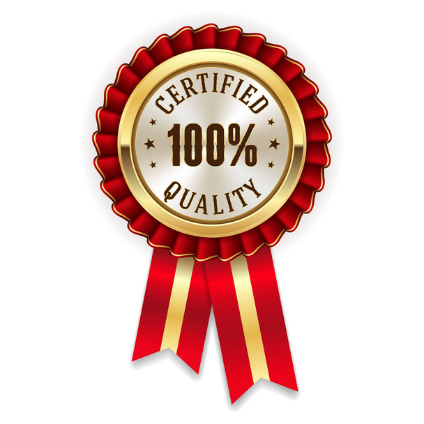 Gold 100 percent certified quality badge with red ribbon - Вектор,изображение