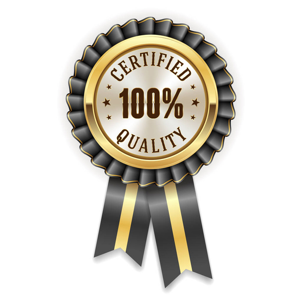Gold 100 percent certified quality badge with black ribbon - Vector, Imagen