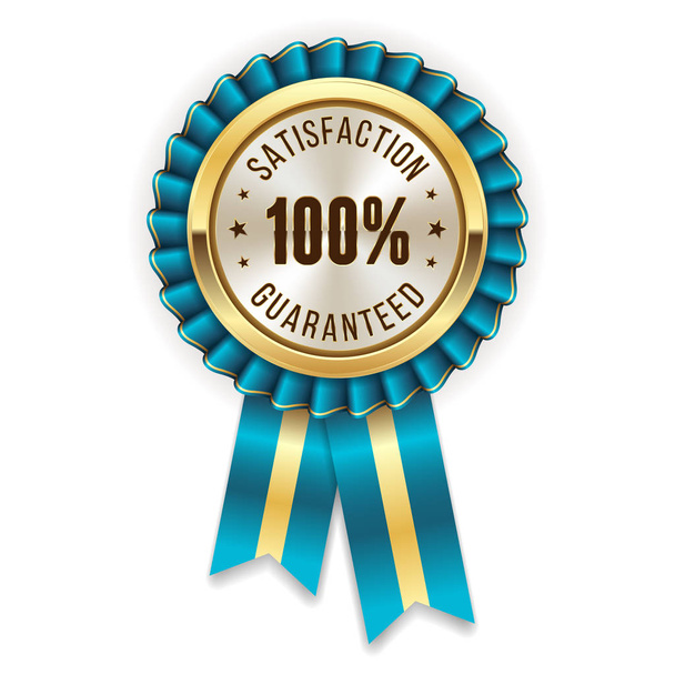 Gold 100 percent satisfaction guaranteed badge, rosette with blue ribbon - Vector, Image