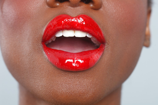 Red Lips Makeup Detail With Sensual Open Mouth - Foto, afbeelding