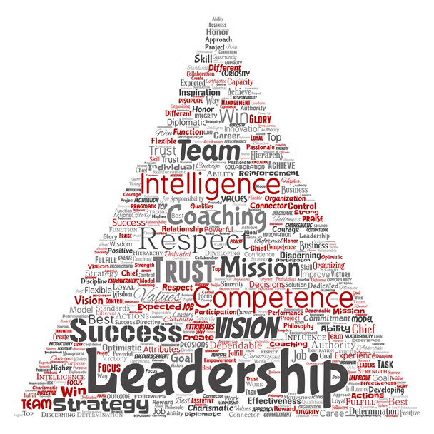 Estratégia de liderança empresarial conceitual, valor de gerenciamento triângulo seta nuvem de palavras fundo isolado. Colagem de sucesso, realização, responsabilidade, autoridade ou competência de inteligência
 - Foto, Imagem