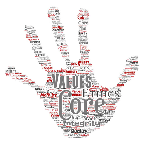 Conceptual core values integrity ethics hand print stamp concept word cloud isolated background. Collage de honestidad calidad confianza, declaración, carácter, perseverancia, respeto y digno de confianza
 - Foto, Imagen