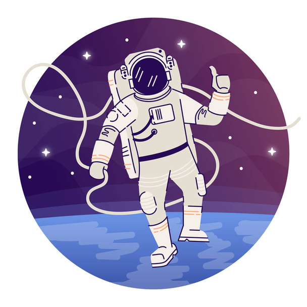 Cosmonaut in outer space flat concept icon. Astronaut in spacesuit floating in cosmos zero gravity making ok sign sticker, clipart. Space exploration isolated cartoon illustration on white background - Vettoriali, immagini