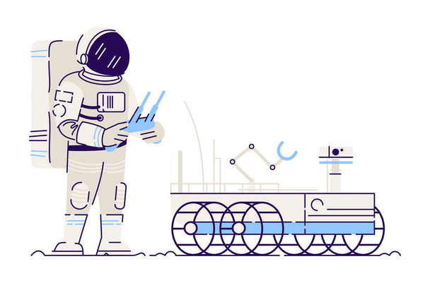 Космонавт керує місячним марсоходом плоскою векторною ілюстрацією. Астронавт у космічному кораблі, що працює з машиною, що гойдається на Місяці, ізольований персонаж мультфільму на білому тлі. Аерокосмічна промисловість, дослідження космосу
 - Вектор, зображення
