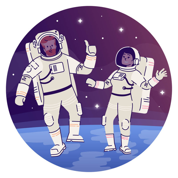 Astronauts in outer space flat concept icon. Cosmonaut in spacesuit floating in cosmos sticker, clipart. Interstellar travelers, space exploration isolated cartoon illustration on white background - Vektör, Görsel