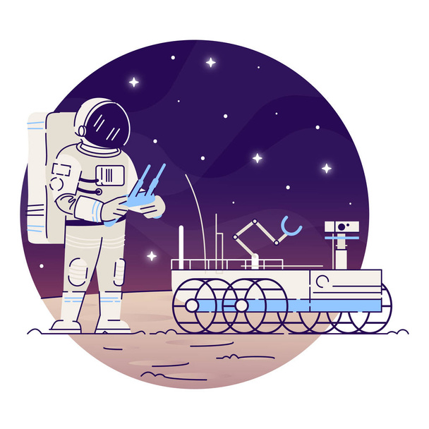 Astronaut with moon rover flat concept icon. Cosmonaut in outer space sticker, clipart. Space exploration  vehicle and aerospace technology isolated cartoon illustration on white background - Vektor, obrázek