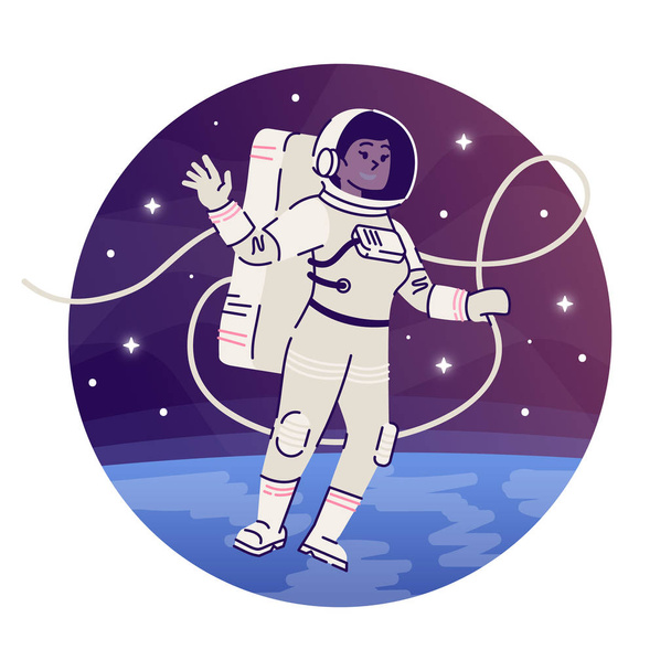 Cosmonauta flotando en el espacio exterior icono concepto plano. Astronauta hembra en traje espacial explorando la pegatina del cosmos, portada. Ilustración interestelar de dibujos animados aislados sobre fondo blanco
 - Vector, Imagen