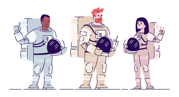 Astronauts in spacesuits flat vector illustration. International cosmonauts team standing and holding helmets isolated cartoon character on white background. Crew members, space travel - Vector, Imagen