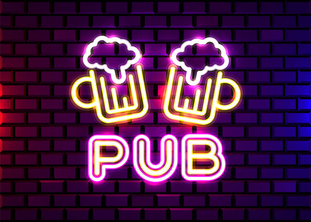 Retro neon Beer Bar sign on brick wall background. Neon design for bar, pub or restaurant business. Craft beer. - Vecteur, image