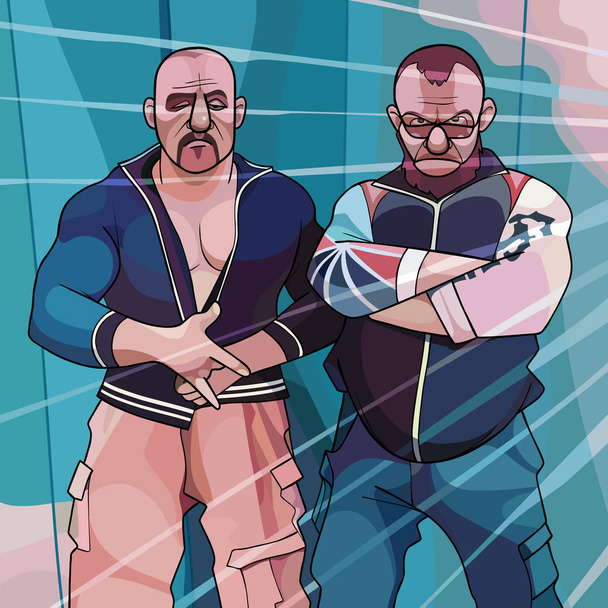 два мультфільми маскулінно виглядають жорстокими чоловіками на фоні з променями
 - Вектор, зображення