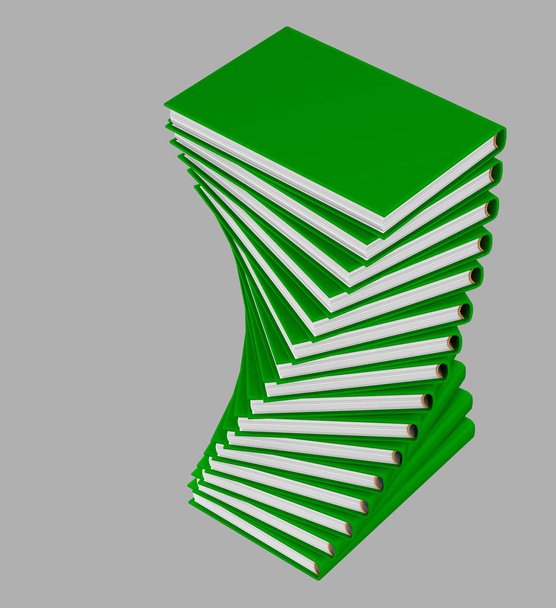 object 3d illustration - very high resolution helix stack of many green books which are closed, symbol of the day of knowledge isolated on grey background - Photo, Image