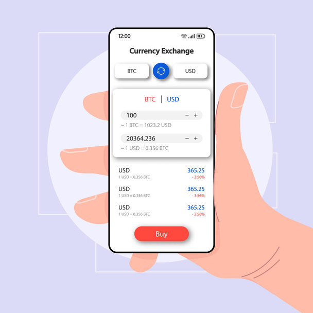 Currency manager online smartphone interface vector template. Mobile app page white design layout. BTC exchange screen. Flat UI for application. Hand holding phone with cryptocurrency on display - Vector, Image
