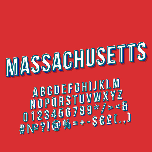Massachusetts vintage 3d vector lettering. Retro bold font, typeface. Pop art stylized text. Old school style letters, numbers, symbols, elements pack. 90s, 80s poster, banner. Red color background - Vector, Image