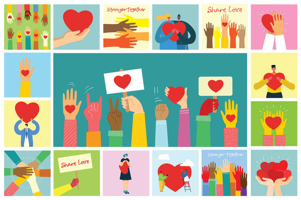 Comparte tu Amor. Personas con corazones como mensajes de amor. Ilustración vectorial para el día de San Valentín en el moderno estilo plano
 - Vector, imagen