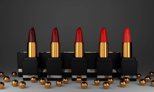 Lipstick. Fashion Colorful Lipsticks on black background. Lipstick tints palette, Professional Makeup and Beauty. Beautiful Make-up concept. Lipgloss. Lipsticks closeup. 3d rendering. - Foto, afbeelding