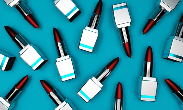 Lipstick. Fashion Colorful Lipsticks on blue background. Lipstick tints palette, Professional Makeup and Beauty. Beautiful Make-up concept. Lipgloss. Lipsticks closeup. 3d rendering. - Foto, afbeelding