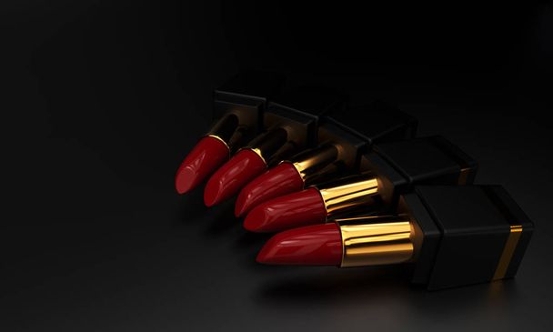 Lipstick. Fashion Colorful Lipsticks on black background. Lipstick tints palette, Professional Makeup and Beauty. Beautiful Make-up concept. Lipgloss. Lipsticks closeup. 3d rendering. - Photo, Image