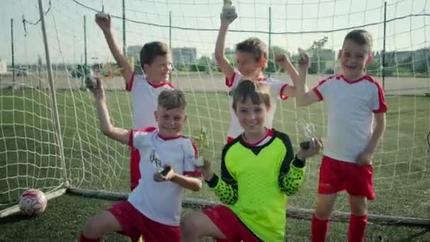 siegreiche Fußballmannschaft der kleinen Jungen demonstriert Belohnungen auf dem Stadion - Filmmaterial, Video