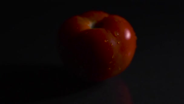 Tomato with water drops on a black background. Drop of water falls on a tomato. Close-up. Black background. - Кадри, відео