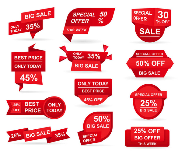 Set of retail red sale tags. Stickers best offer price and big sale pricing badges design. Limited sales offer label or store discount banner card isolated. Shopping coupon. Vector illustration. - Vector, Image