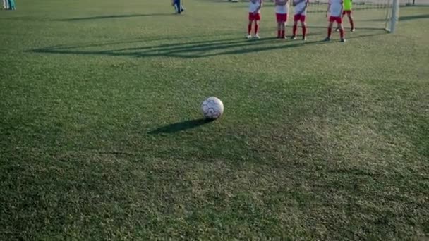 Junge Fußballer schießt Ball durch Spielermauer ins Tor - Filmmaterial, Video