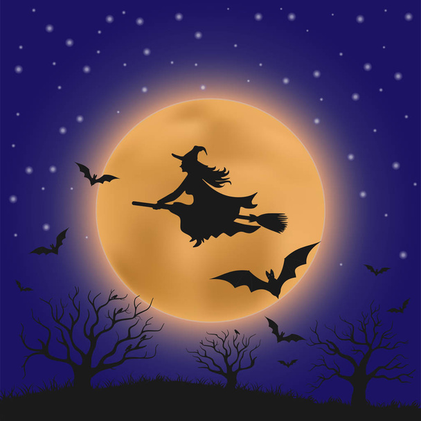 Silhouette of a witch on a broom against the full moon, Hallowee - Vector, Imagen