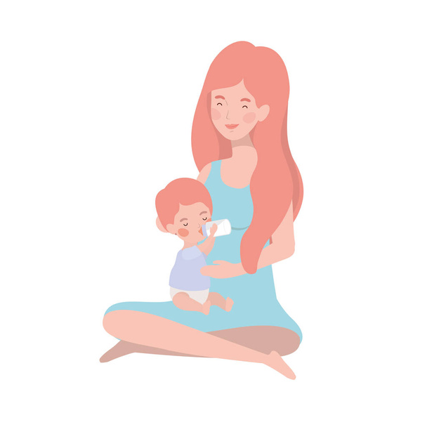 cute pregnancy mother seated with little boy characters - Vector, Image