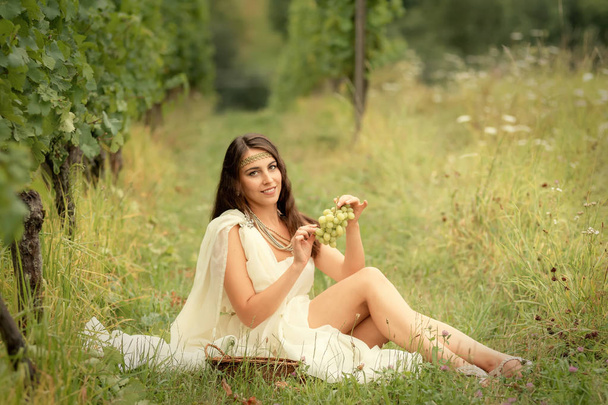 Young woman in tunic harvesting grapes - Foto, Bild