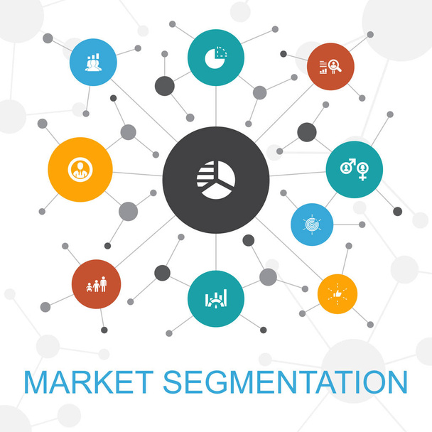 segmentación de mercado concepto web de moda con iconos. Contiene iconos tales como demografía, segmento, Benchmarking
 - Vector, Imagen