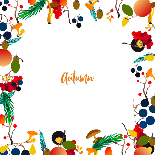Autumn vector frame with berries, acorns, pine cone, mushrooms, branches and leaves. - Vector, Imagen