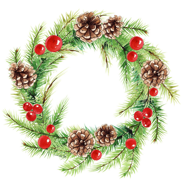 Акварель Xmas венок. Новогодние украшения, рождественский дизайн, раскрашенные вручную, для приглашения, поздравительные открытки
 - Фото, изображение