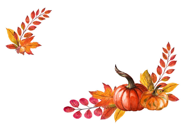 Beautiful composition with pumpkins and autumn leaves. Watercolor handpainted illustration. Isolated on white background. Can be used in greeting card, halloween invitation, thanksgiving day, design - Foto, afbeelding