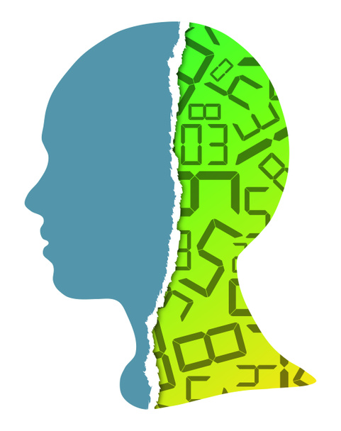 Σιλουέτα ανθρώπινου κεφαλιού, ψηφιακών αριθμών, σχισμένο χαρτί - Φωτογραφία, εικόνα