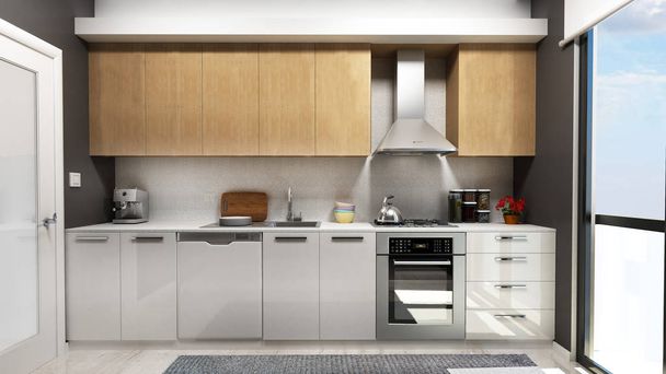 3D-weergave van de moderne keuken - Foto, afbeelding