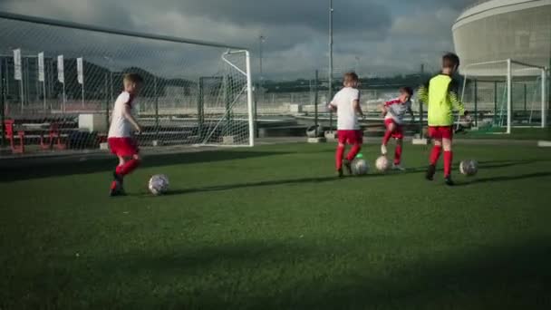 Маленькие футболисты пускают мячи по футбольному полю.
 - Кадры, видео